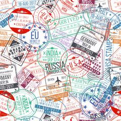 Passport stamp seamless pattern. International arrivals sign rubber, visa stamps
