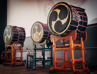Taiko drums o-kedo on scene background. Musical instrument of Asia