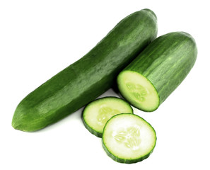Cucumber and slices isolated over white background
