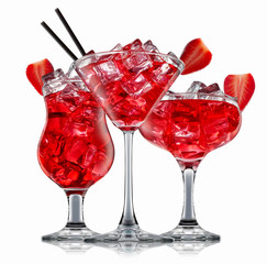 fresh fruit alcohol cocktail or mocktail in classic glass with red beverage and ice cubes isolated on white background