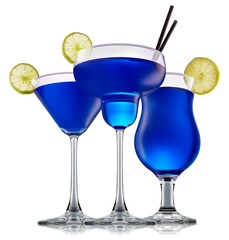 fresh fruit alcohol cocktail or mocktail in classic glass with blue beverage isolated on white background