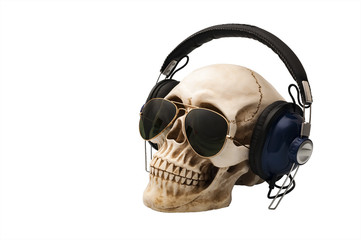 Music Dj and rock music concept with a skull wearing headphones and aviator sunglasses isolated on white with clipping path