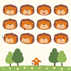 Fototapeta premium Emoticons set face of lion in cartoon style. Collection isolated heads of lion in different emotion and his body on meadow with trees.