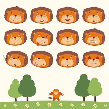 Emoticons set face of lion in cartoon style. Collection isolated heads of lion in different emotion and his body on meadow with trees.