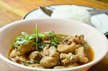 boiled chop chicken fish sauce soup topping parsley and spring onion eat couple with rice