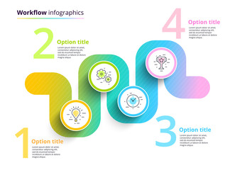 Business process chart infographics with 4 step circles. Circular corporate workflow graphic elements. Company flowchart presentation slide template. Vector info graphic design.