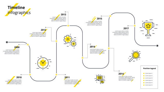 Business timeline workflow infographics. Corporate milestones graphic elements. Company presentation slide template with year periods. Modern vector history time line design.