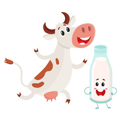 Funny farm cow and milk bottle characters with smiling human faces, cartoon vector illustration isolated on white background. Cute and funny cow and milk bottle characters, standing and smiling