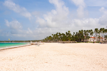 View of the sandy beach in Punta Cana, La Altagracia, Dominican Republic. Copy space for text.