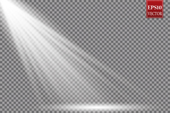 Vector scene illuminated by spotlight ray. Light effect on transparent background