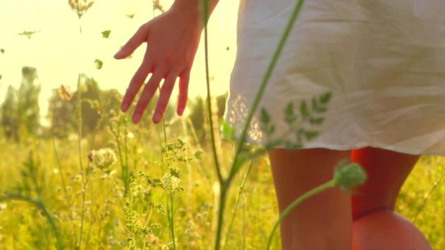 Beauty Sexy Brunette Girl In Short White Dress Walking On Field With Wildflowers, Enjoying Nature Outdoors. Slow Motion 240 Fps. 4K UHD Video 3840x2160