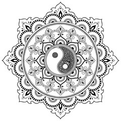 Circular pattern in the form of a mandala.  Yin-yang decorative symbol. Mehndi style. Decorative pattern in oriental style. Coloring book page.
