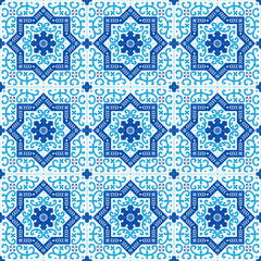 Portuguese traditional ornate azulejo, seamless vector pattern in blue and white colors