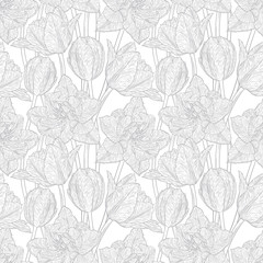 Hand drawn vector illustration Seamless pattern with decorative doodle tulips hand drawn in lines. Vector illustration
