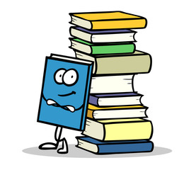 Cartoon Buch lehnt an Bücherstapel