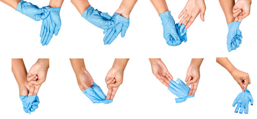 Step of hand throwing away blue disposable gloves.