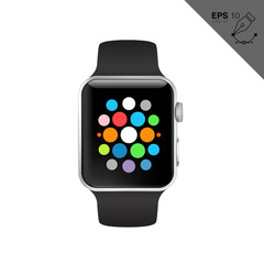 Modern shiny smart watch with steel bracelet applications icons on screen isolated on white background.