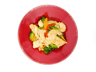wok fried chicken stir fry with sweet peppers and chinese vegetables