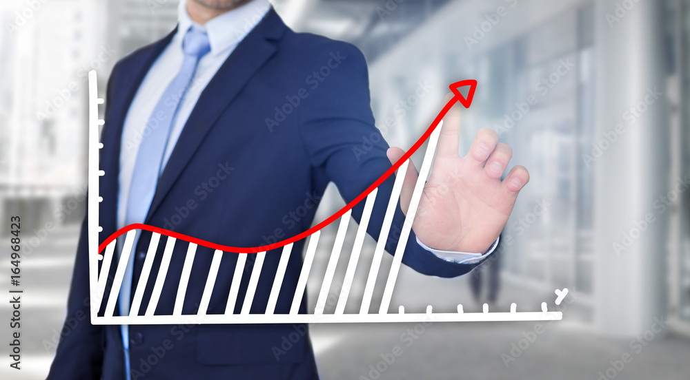 Poster businessman touching technology interface with financial curve and graph