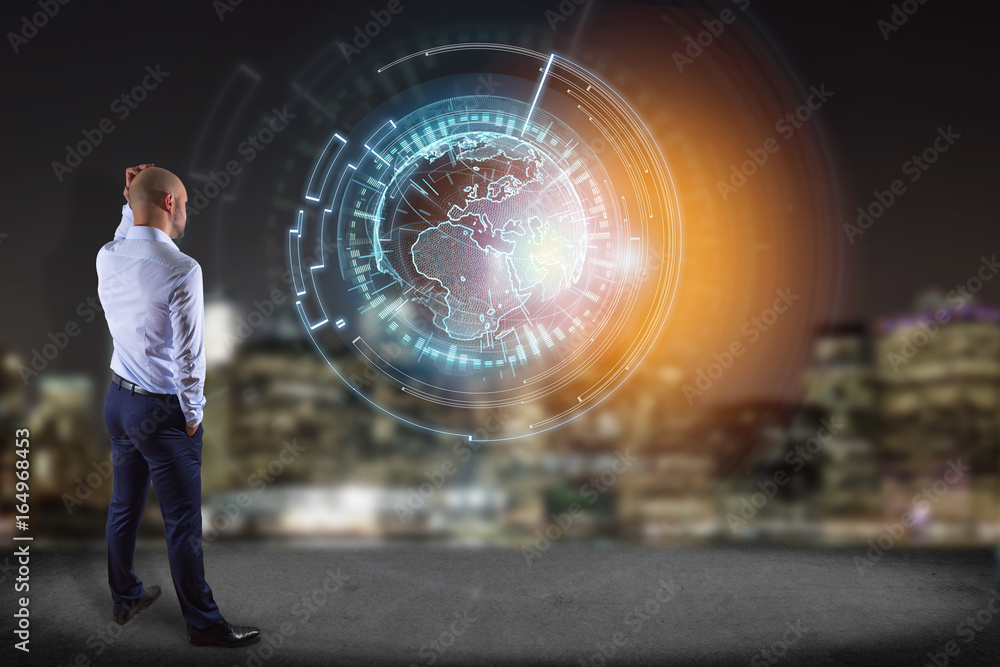Poster internatibusinessman in front of a wall with a globe communication displayed on a futuristic interfa