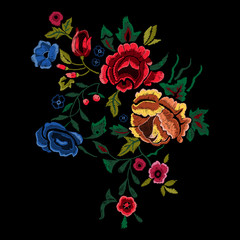 Embroidery botanic folk pattern with red and blue roses. Vector embroidered floral bouquet sketch with flowers for clothing design.
