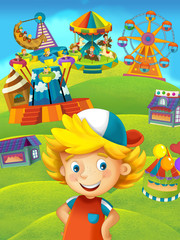 Obraz na płótnie Canvas Cartoon scene with young boy in the playground