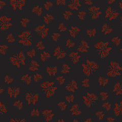 Black seamless pattern with red butterflies in hand-drawn style. Use as background image, computer wallpaper or textile print