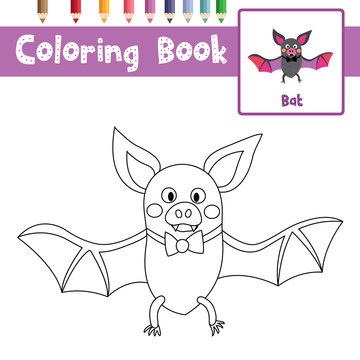Coloring page of Bat with bow animals for preschool kids activity educational worksheet. Vector Illustration.