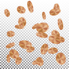 Bronze, Copper Coins Rain Vector. Realistic Bronze, Copper Coins Explosion Falling Down. Transparent Background. Symbol Wealth, Profit. Cash Winning Prize Money Concept