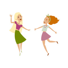 Vector set of female teenagers in casual clothing funny dances. Flat cartoon illustration isolated on a white background. Young girls have fun dancing, smiling cheerfully. Blond, brown hair color
