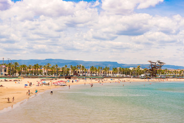 Coastline Costa Dorada, beach in La Pineda, Tarragona, Catalunya, Spain. Copy space for text.