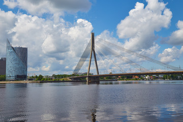 Cable-stayed bridge in Riga in summer sunny day