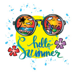 Hello summer hand lettering with sunglasses