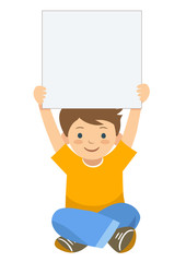 Cartoon boy holding up blank sign template