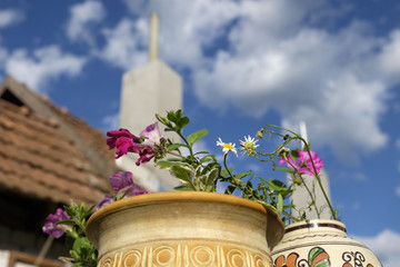 survival flowers and smokestack - colorful weak flowers in pot, roof tiles and chimneys in background