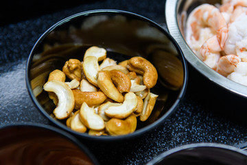 Cashew is prepared for cooking.