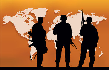 Three soldiers and a map of the world