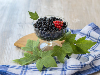 Berries of black currant in a glass plate. 