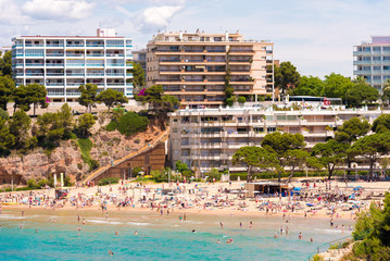 Fototapeta na wymiar Coastline Costa Dorada, beach in Salou, Tarragona, Catalunya, Spain. Copy space for text.