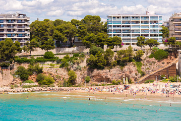 Fototapeta na wymiar Coastline Costa Dorada, beach in Salou, Tarragona, Catalunya, Spain. Copy space for text.