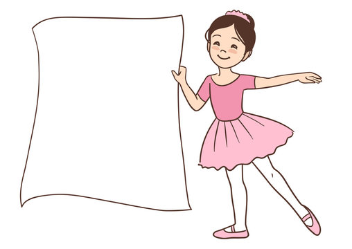 Vector hand drawn cartoon character illustration of a smiling cute little Asian ballerina girl holding a blank sign template for message display, wearing ballet outfit with leotard and tutu.