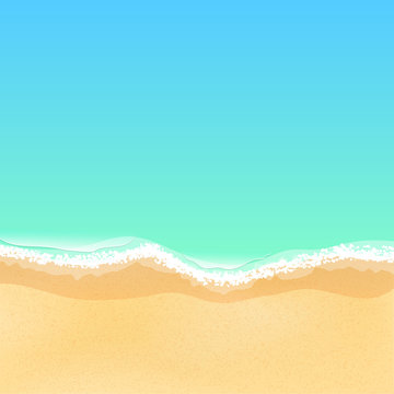 Top view of a cartoon sea beach. Bright sandy beach. Sea tide, sea waves. Place for your project