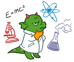 Cartoon vector hand drawn character doodle illustration of a funny green dragon scientist in a lab coat deep in thought, with science icons doodles around him
