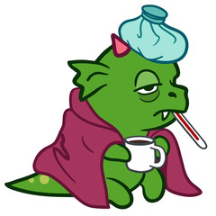 Cute sick monster dragon with ice pack and thermometer, covered with blanket