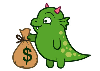 Cute friendly green dragon monster holding money bag