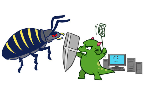 Vector hand drawn cartoon illustration of a green dragon monster mascot character, sword and fly swatter in hand, protecting computer from bug virus malware attack