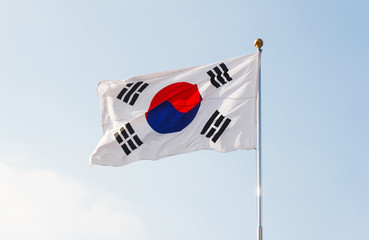 South Korea flag waving with blue sky in background.