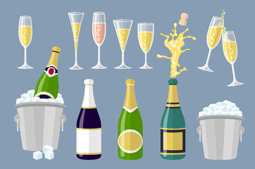 Champagne bottle and glasses, set of cartoon vector illustrations isolated on grey background. Closed and open champagne bottle and glasses, holiday toast, cork jumping out with explosion