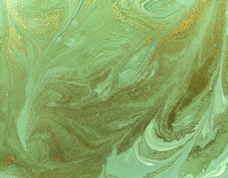 Marbled Green And Gold Abstract Background. Liquid Marble Pattern