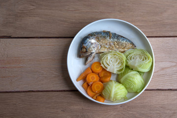 Fried mackerel on the plate. The mackerel fish were cooked by frying. And put them together on a white plate on wood table
